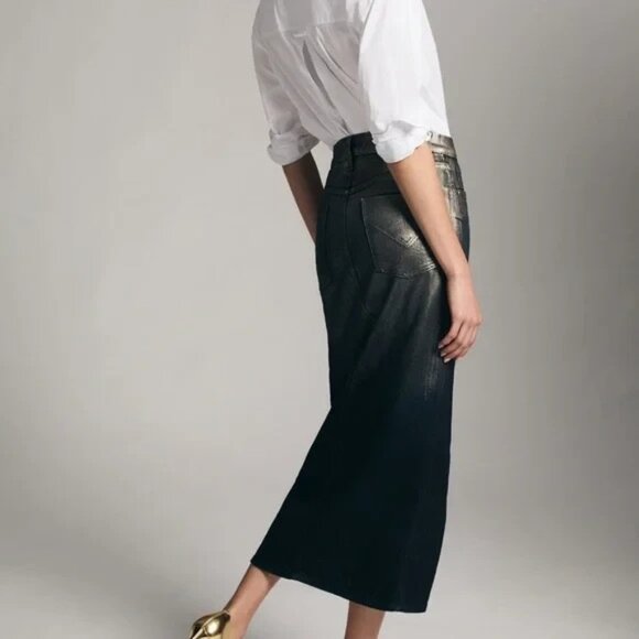 NWT Hudson Denim Midi Skirt Jean Reconstructed Metallic Silver Blue Cotton Sz 30 - Picture 3 of 12